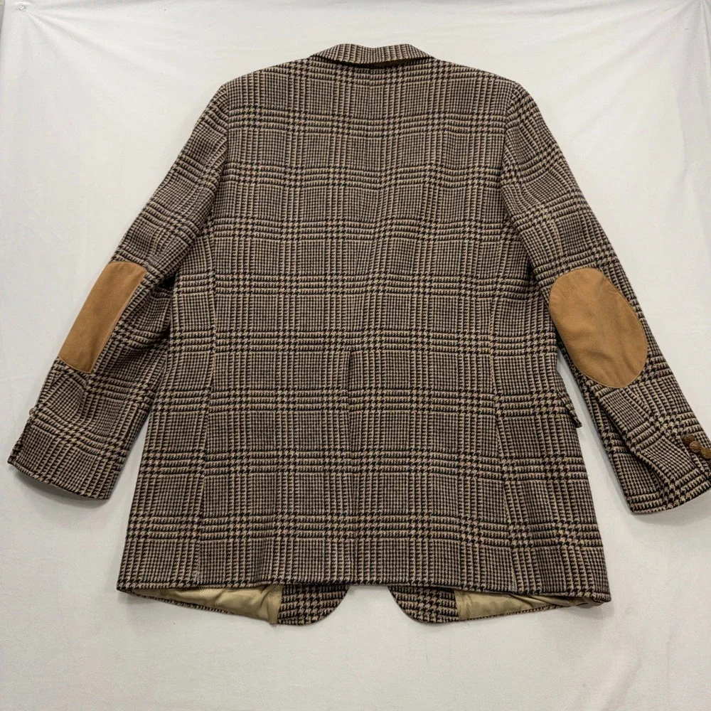 Lanvin Sport Coat Camel Hair Glen Plaid Elbow Patches Tan Mens 48R